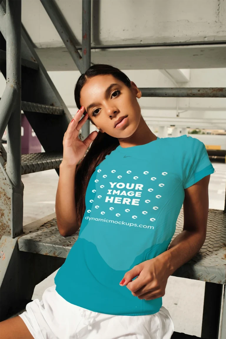 Woman Wearing Teal T-shirt Mockup Front View Template