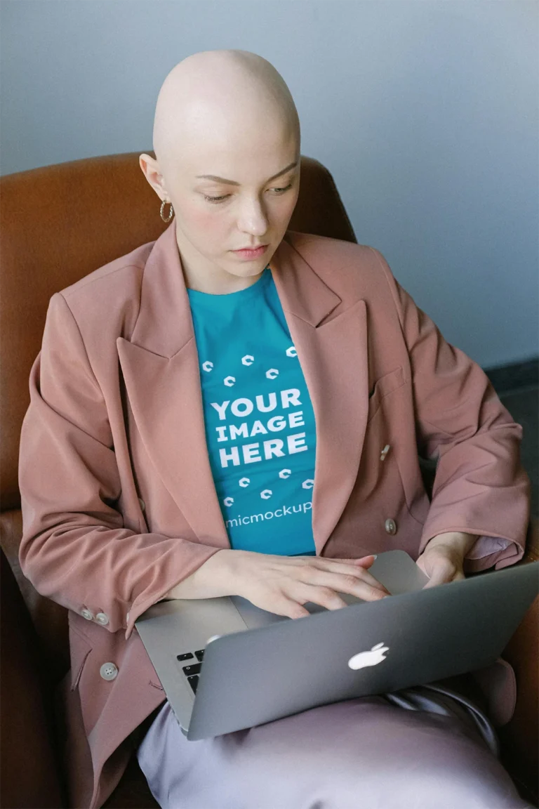 Woman Wearing Teal T-shirt Mockup Front View Template