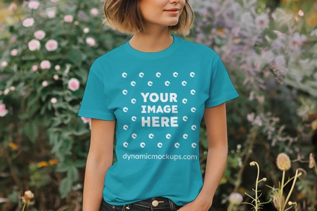 Woman Wearing Teal T-shirt Mockup Front View Template