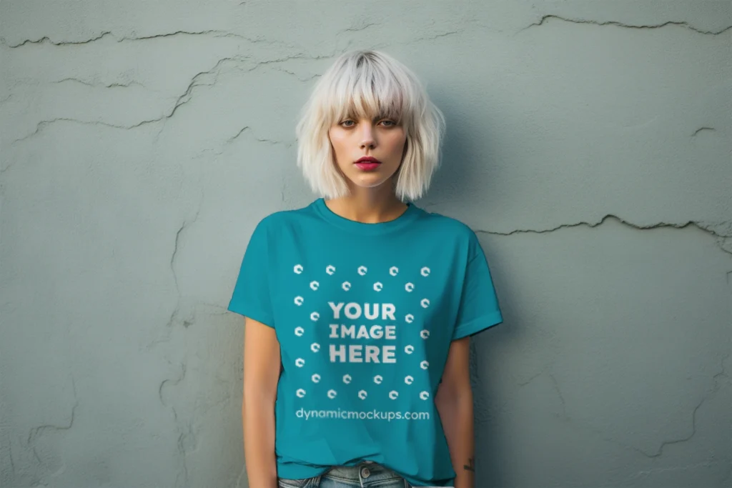 Woman Wearing Teal T-shirt Mockup Front View Template