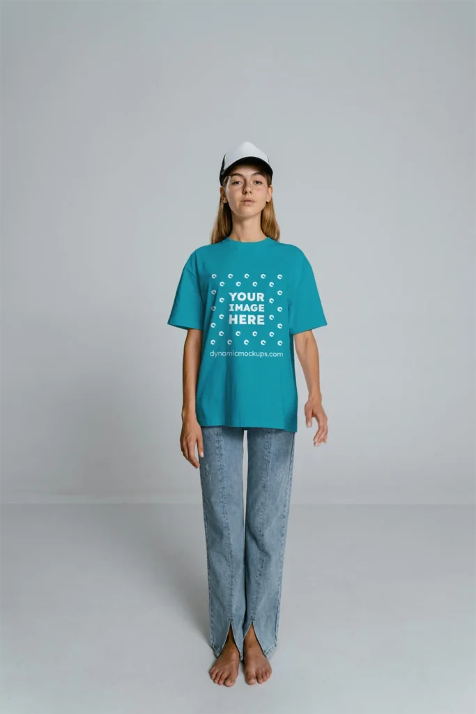 Woman Wearing Teal T-shirt Mockup Front View Template