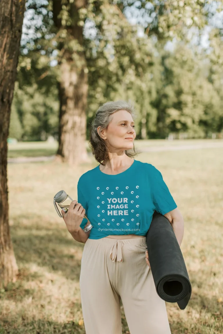 Woman Wearing Teal T-shirt Mockup Front View Template