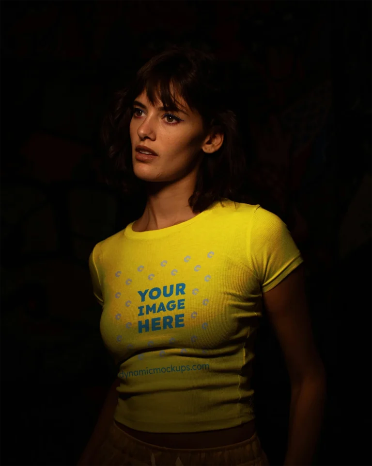 Woman Wearing Yellow T-shirt Mockup Front View Template