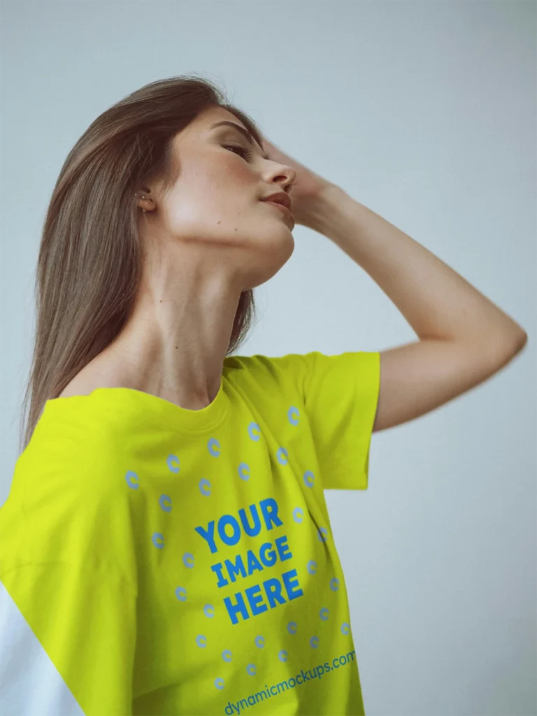 Woman Wearing Yellow T-shirt Mockup Front View Template