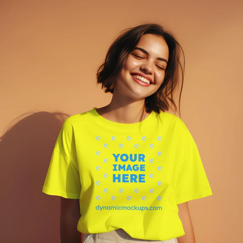 Woman Wearing Yellow T-shirt Mockup Front View Template