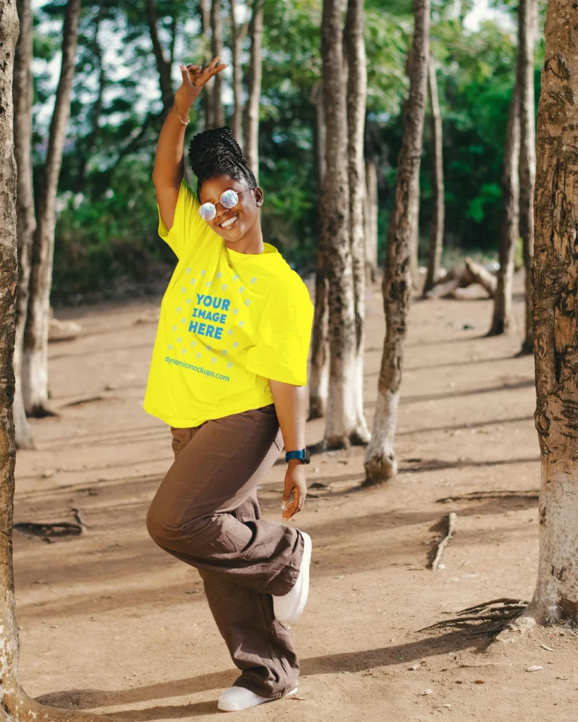 Woman Wearing Yellow T-shirt Mockup Front View Template