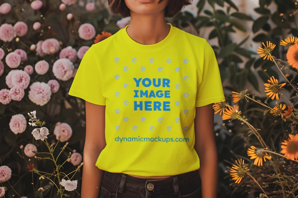 Woman Wearing Yellow T-shirt Mockup Front View Template