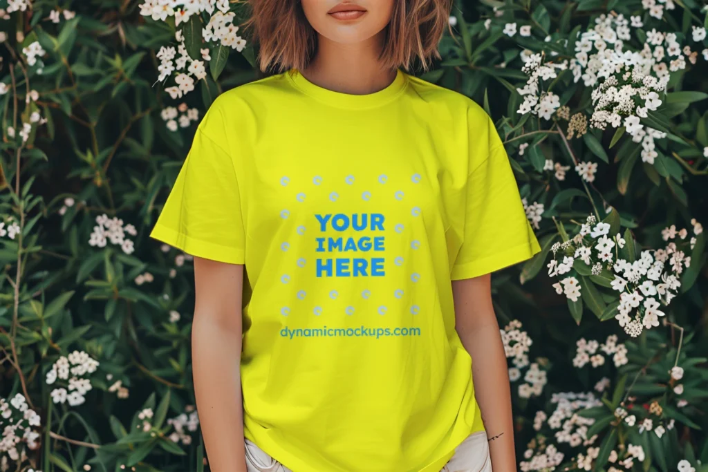 Woman Wearing Yellow T-shirt Mockup Front View Template