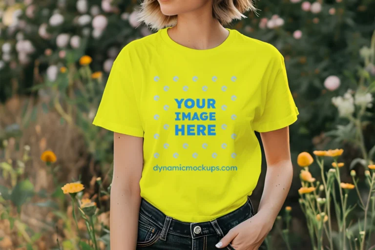 Woman Wearing Yellow T-shirt Mockup Front View Template