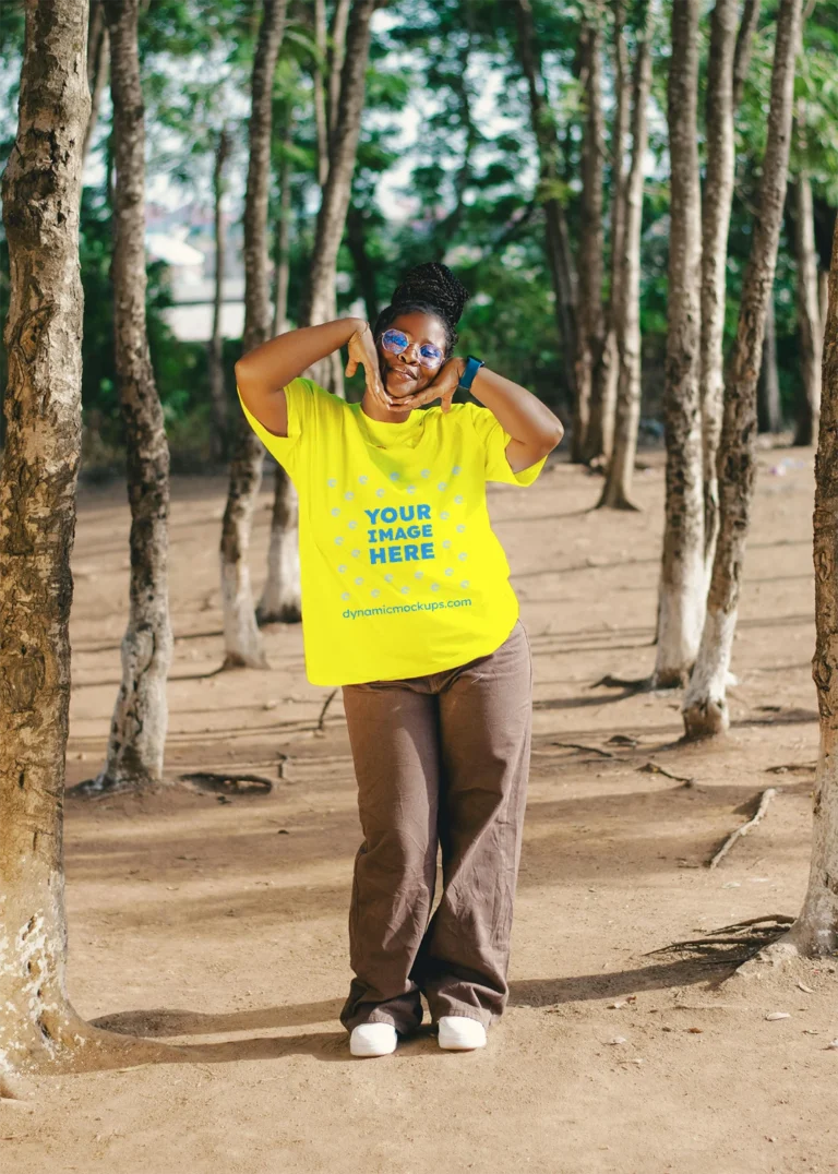 Woman Wearing Yellow T-shirt Mockup Front View Template