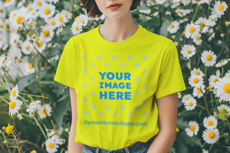 Woman Wearing Yellow T-shirt Mockup Front View Template