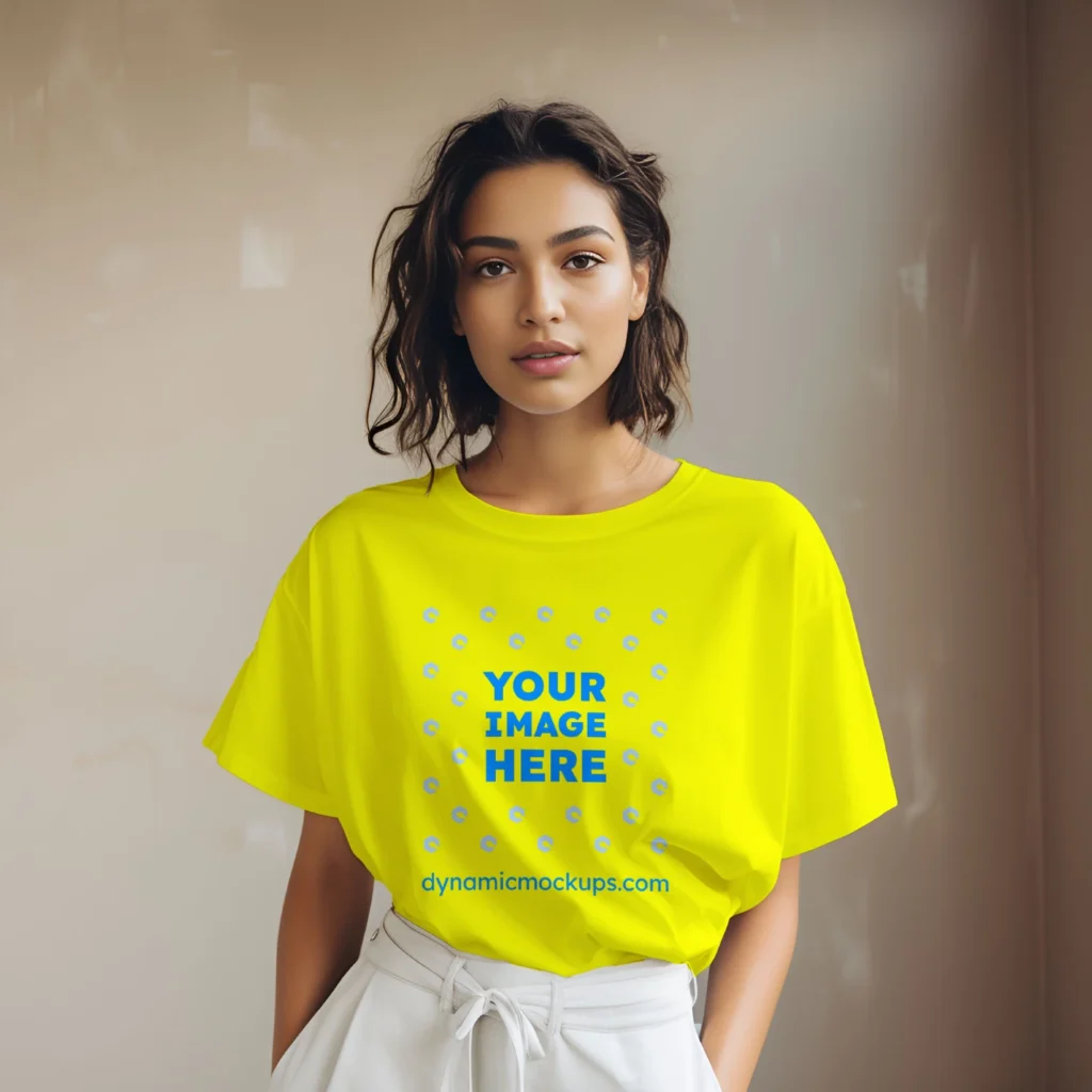 Woman Wearing Yellow T-shirt Mockup Front View Template