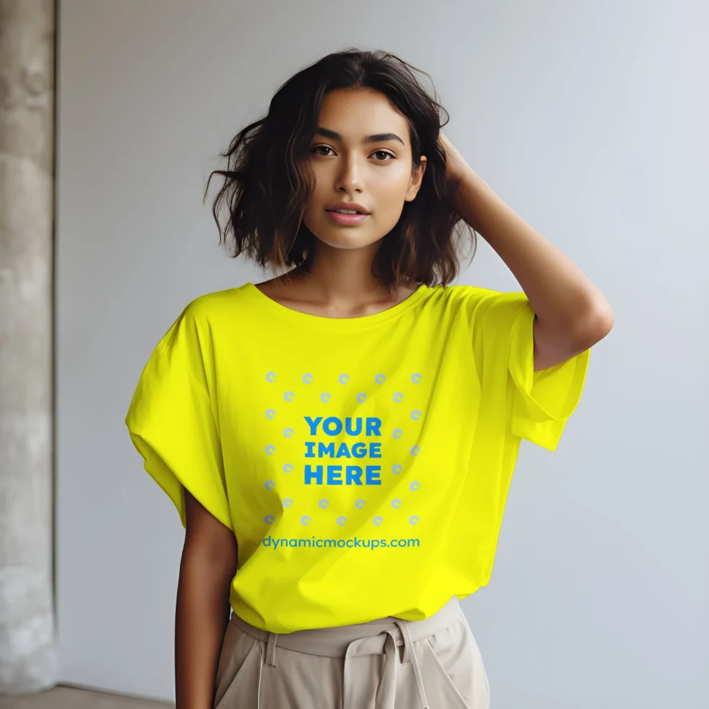 Woman Wearing Yellow T-shirt Mockup Front View Template