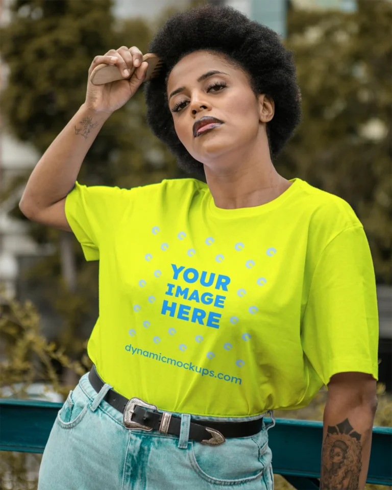 Woman Wearing Yellow T-shirt Mockup Front View Template