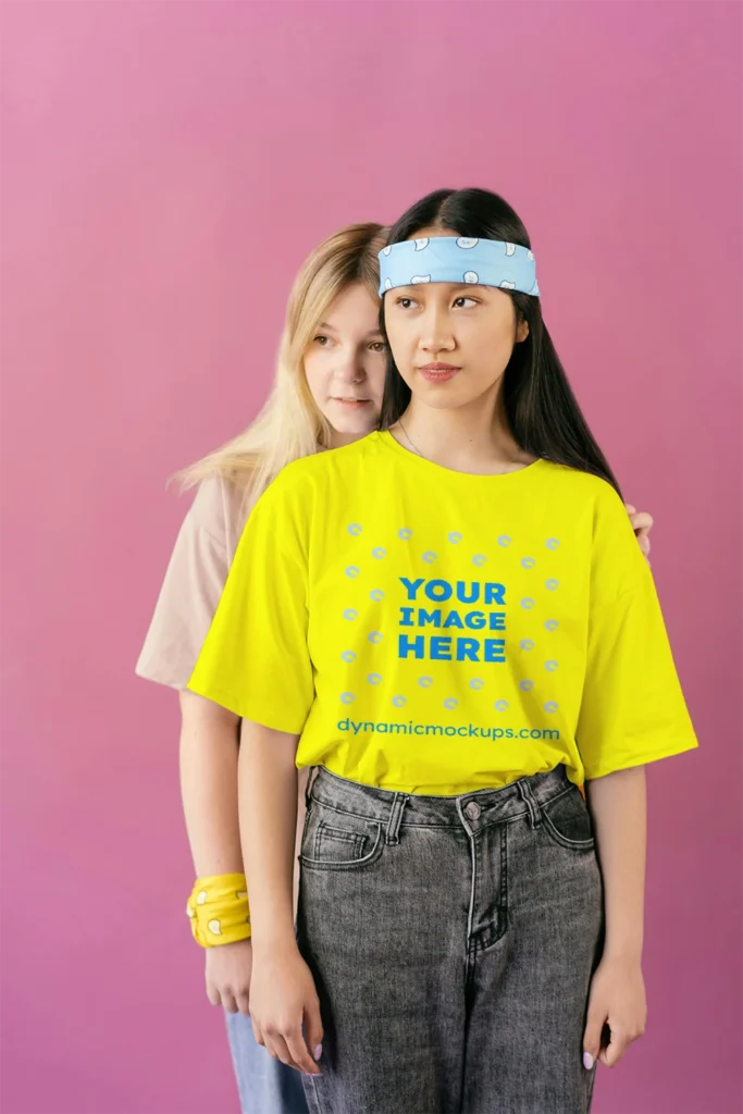 Woman Wearing Yellow T-shirt Mockup Front View Template