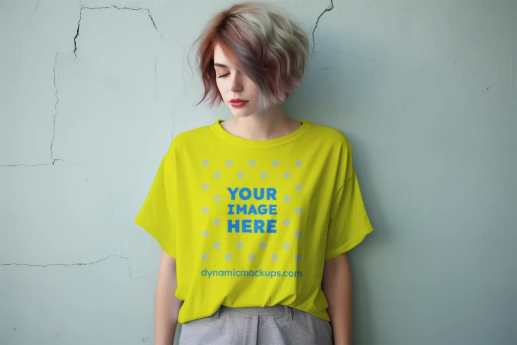 Woman Wearing Yellow T-shirt Mockup Front View Template