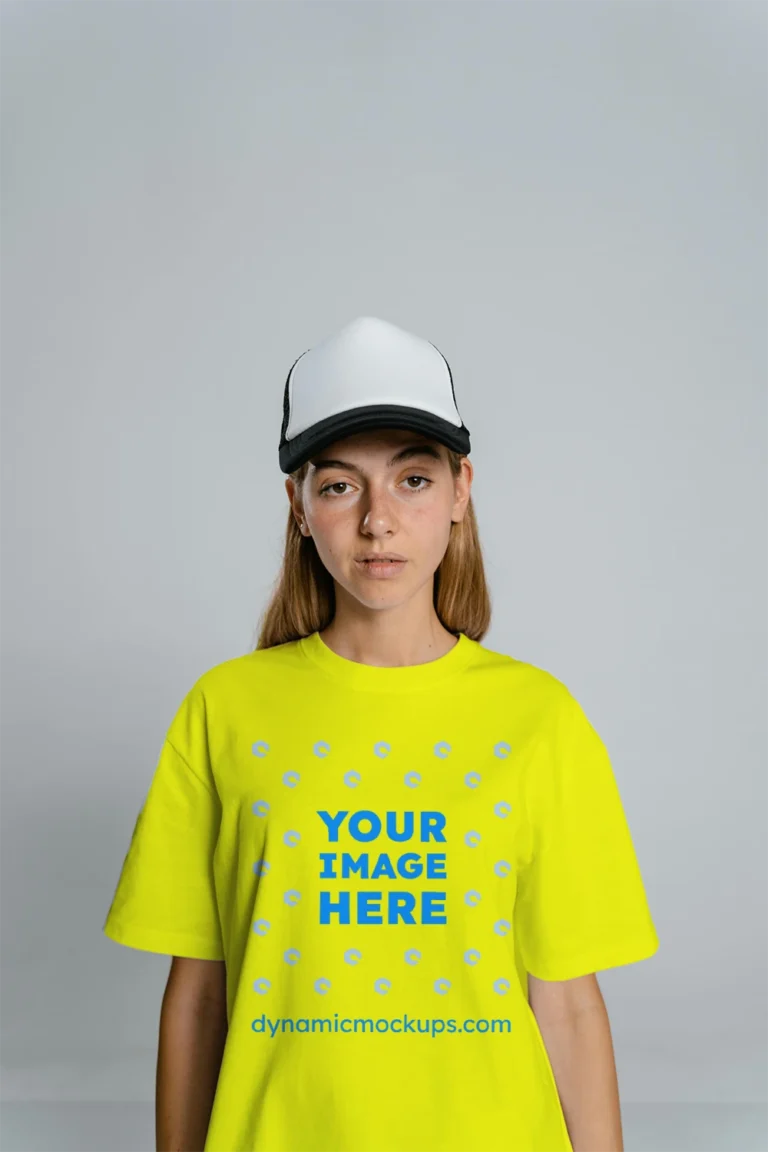 Woman Wearing Yellow T-shirt Mockup Front View Template