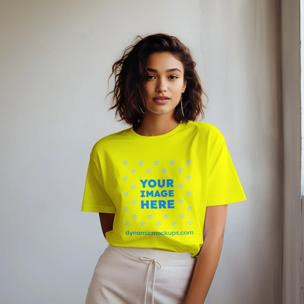 Woman Wearing Yellow T-shirt Mockup Front View Template