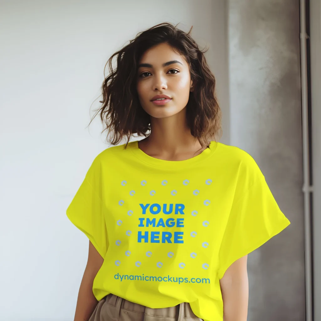 Woman Wearing Yellow T-shirt Mockup Front View Template