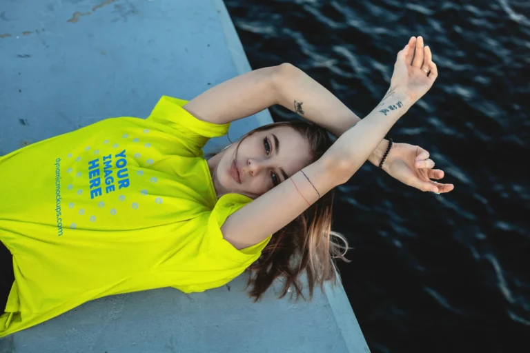 Woman Wearing Yellow T-shirt Mockup Front View Template