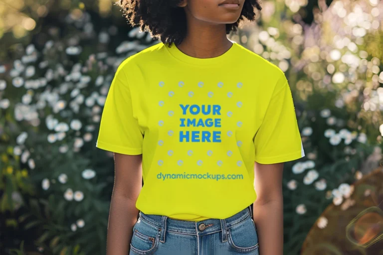 Woman Wearing Yellow T-shirt Mockup Front View Template