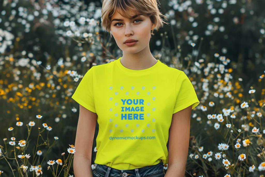 Woman Wearing Yellow T-shirt Mockup Front View Template