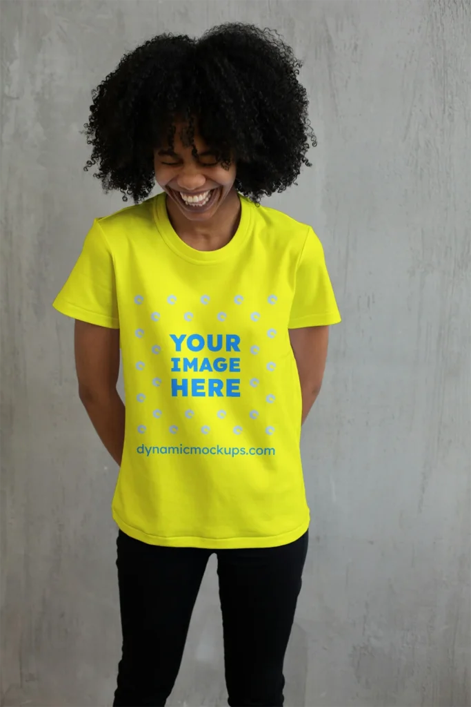 Woman Wearing Yellow T-shirt Mockup Front View Template