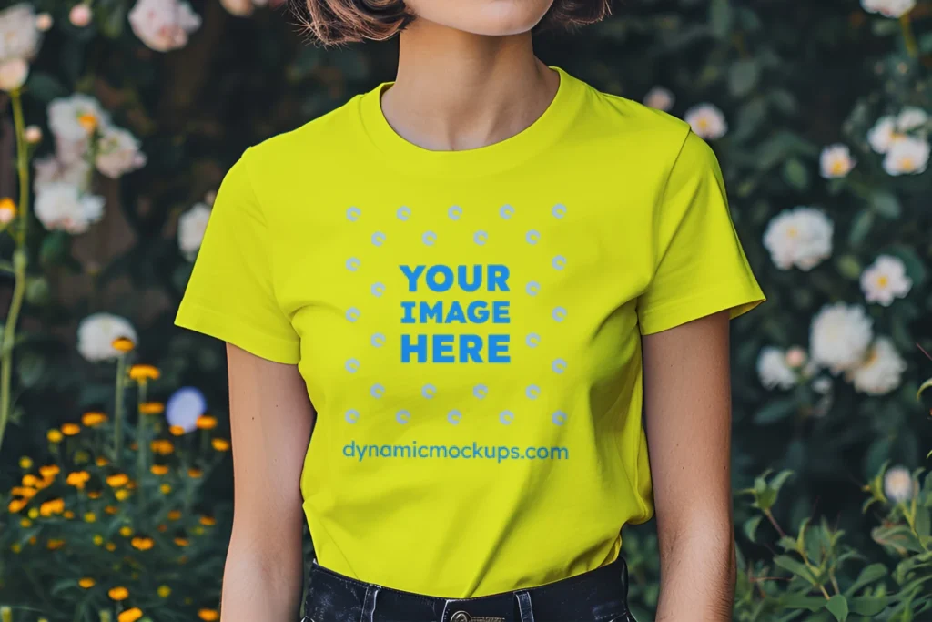 Woman Wearing Yellow T-shirt Mockup Front View Template