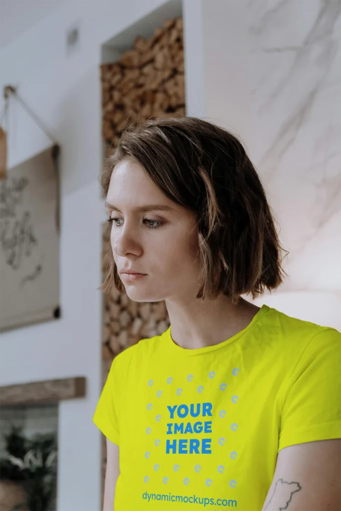 Woman Wearing Yellow T-shirt Mockup Front View Template