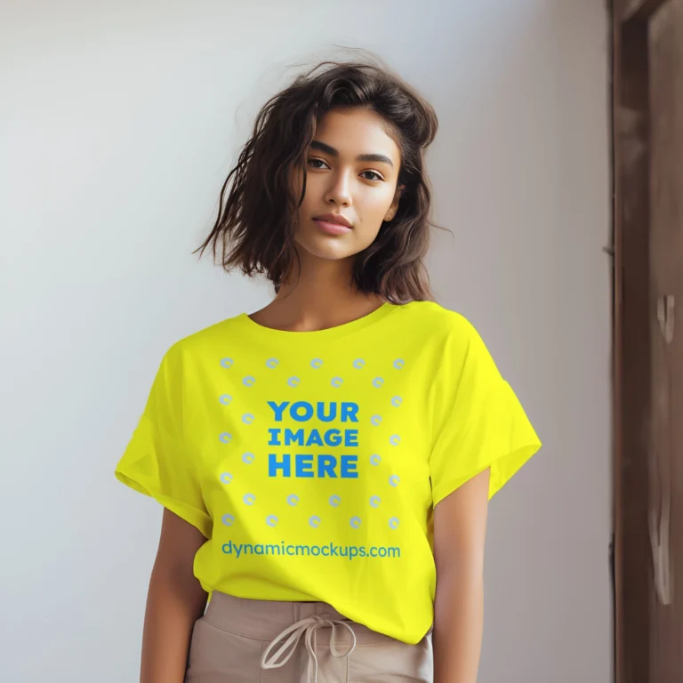 Woman Wearing Yellow T-shirt Mockup Front View Template