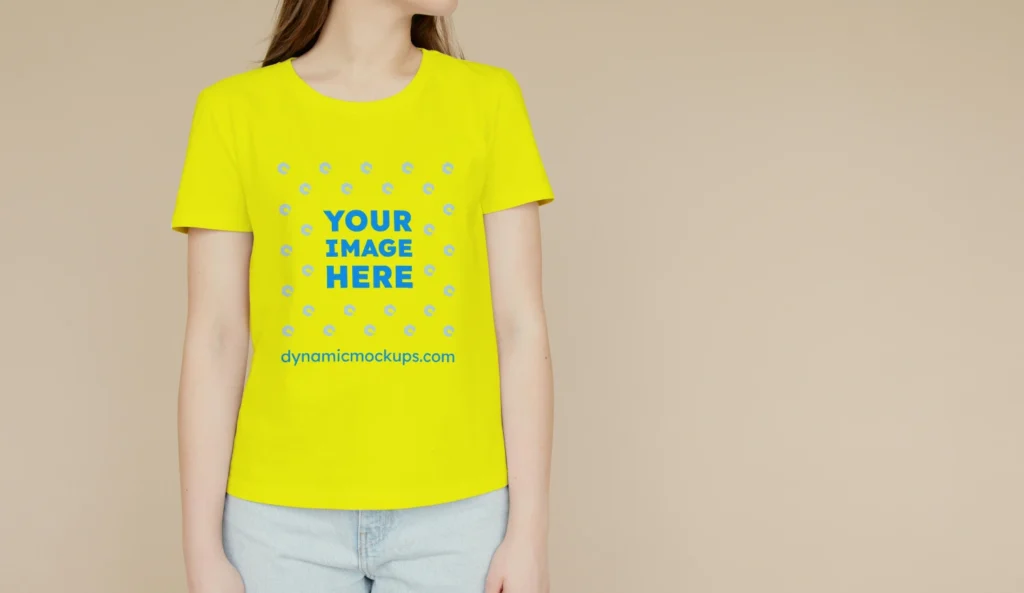 Woman Wearing Yellow T-shirt Mockup Front View Template