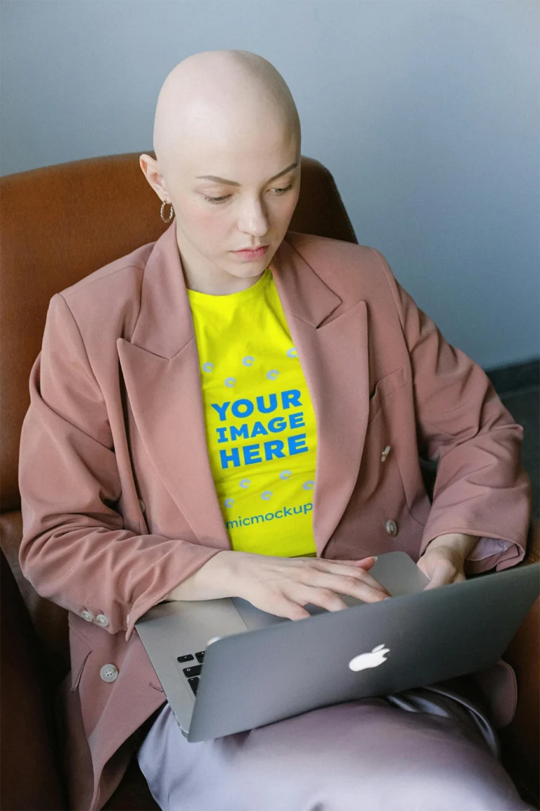 Woman Wearing Yellow T-shirt Mockup Front View Template