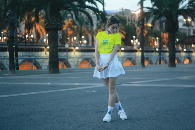 Woman Wearing Yellow T-shirt Mockup Front View Template