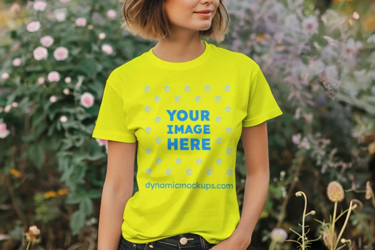 Woman Wearing Yellow T-shirt Mockup Front View Template