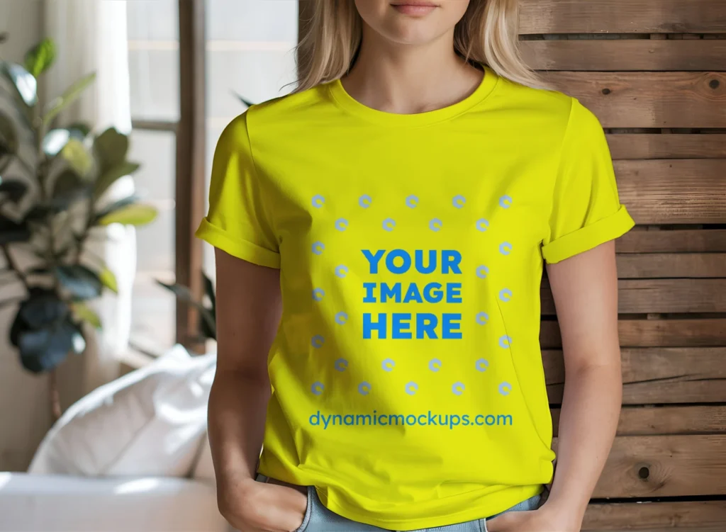 Woman Wearing Yellow T-shirt Mockup Front View Template