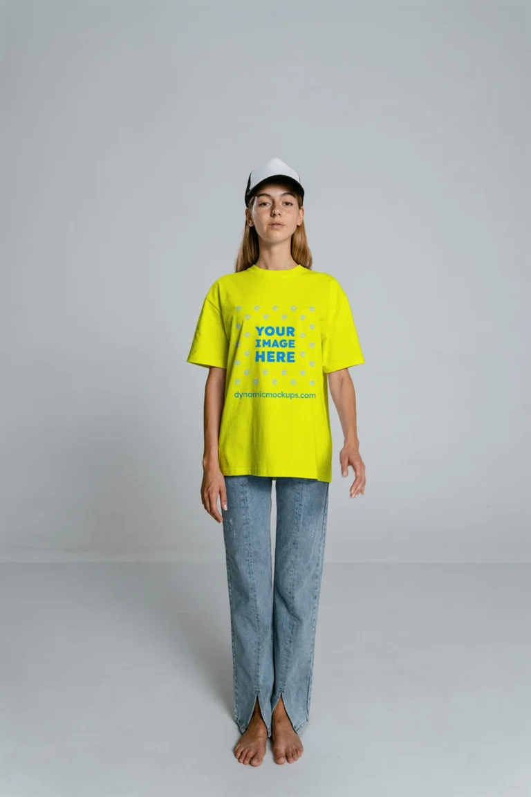 Woman Wearing Yellow T-shirt Mockup Front View Template