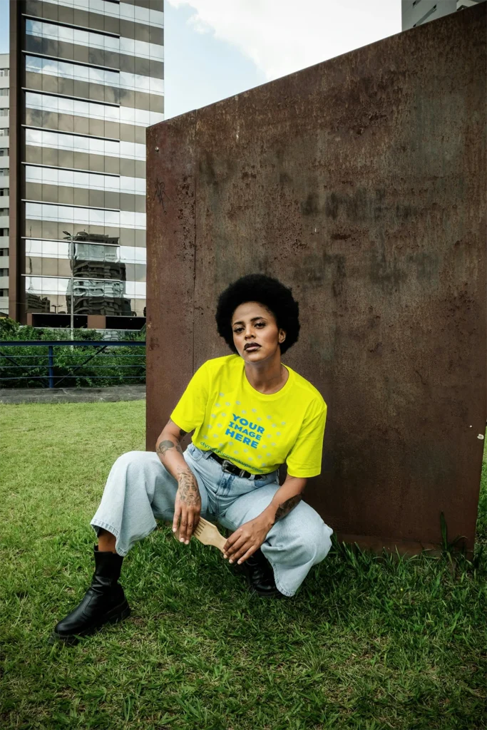 Woman Wearing Yellow T-shirt Mockup Front View Template