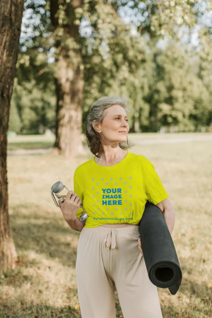 Woman Wearing Yellow T-shirt Mockup Front View Template