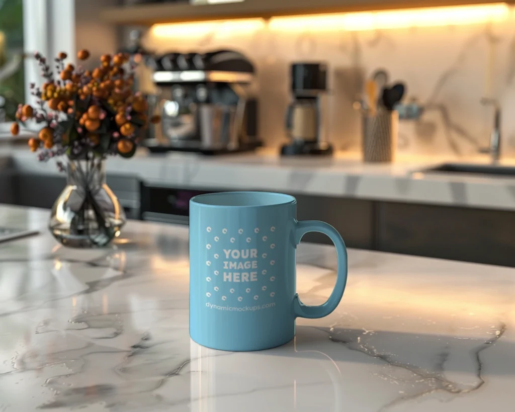 11oz Blank Sky Blue Ceramic Coffee Mug Mockup Template