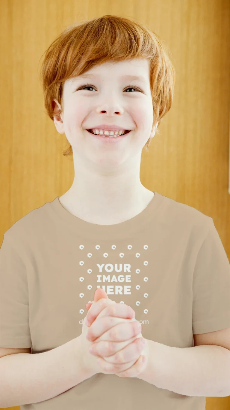 Boy Wearing Beige T-shirt Mockup Front View Template
