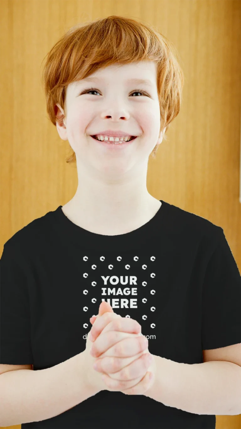 Boy Wearing Black T-shirt Mockup Front View Template