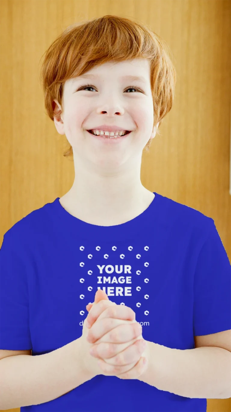 Boy Wearing Blue T-shirt Mockup Front View Template