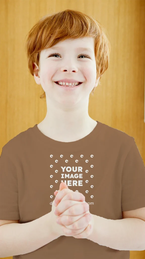 Boy Wearing Brown T-shirt Mockup Front View Template