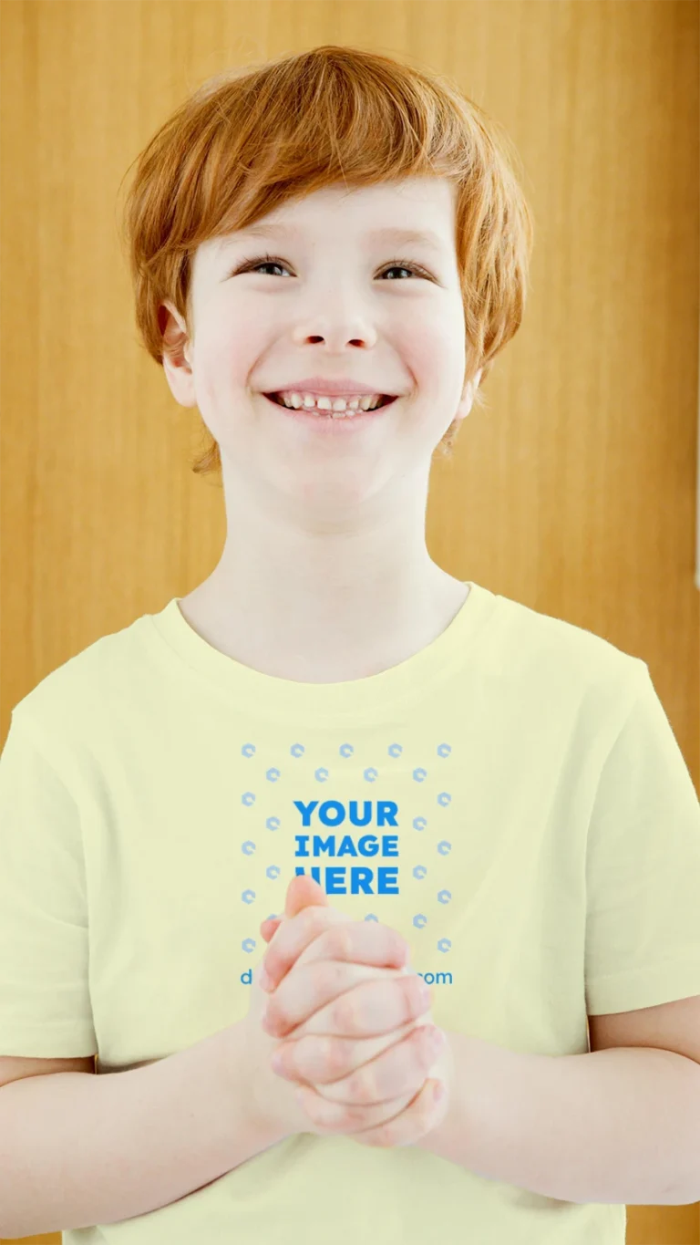 Boy Wearing Cream T-shirt Mockup Front View Template