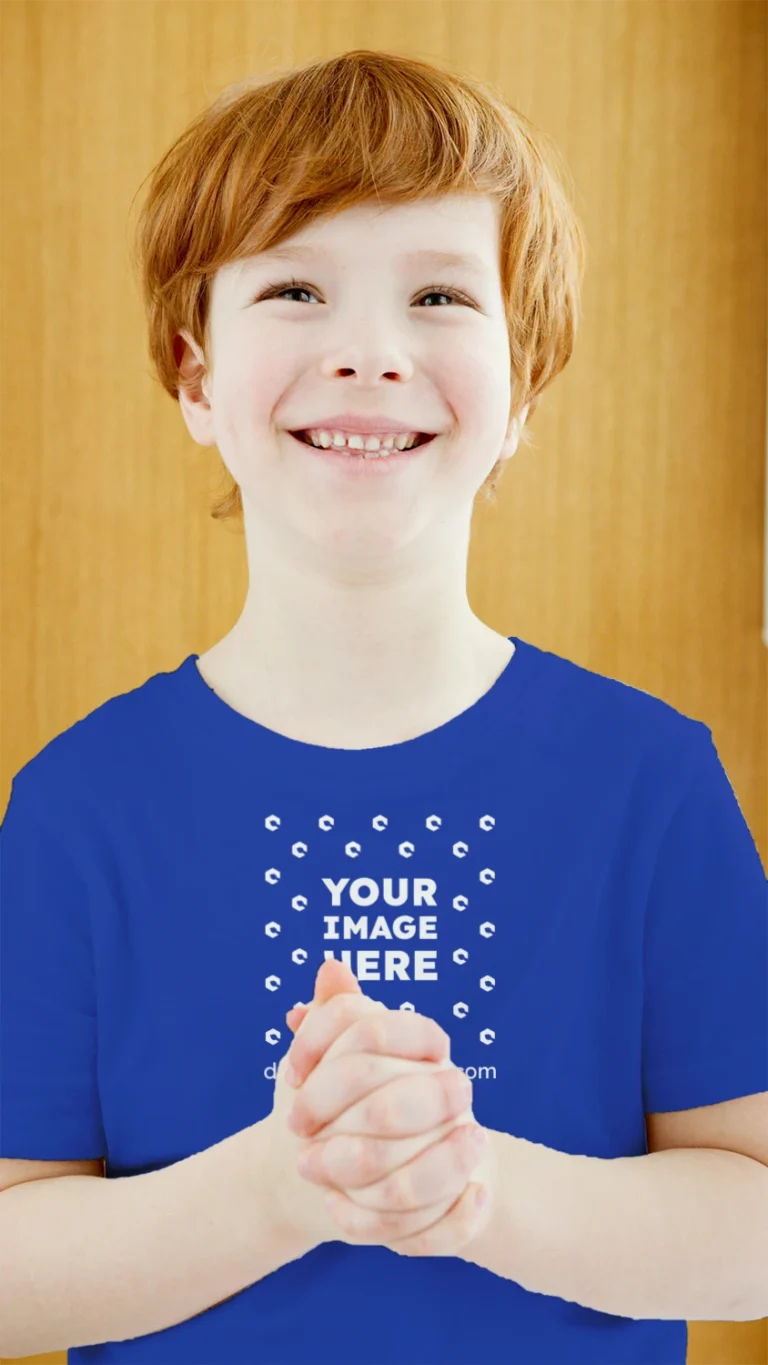 Boy Wearing Dark Blue T-shirt Mockup Front View Template