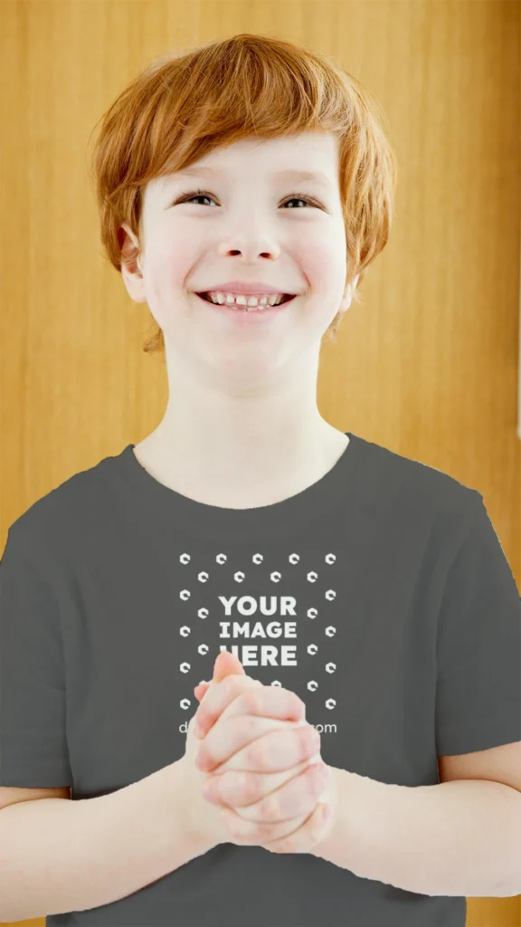 Boy Wearing Dark Gray T-shirt Mockup Front View Template