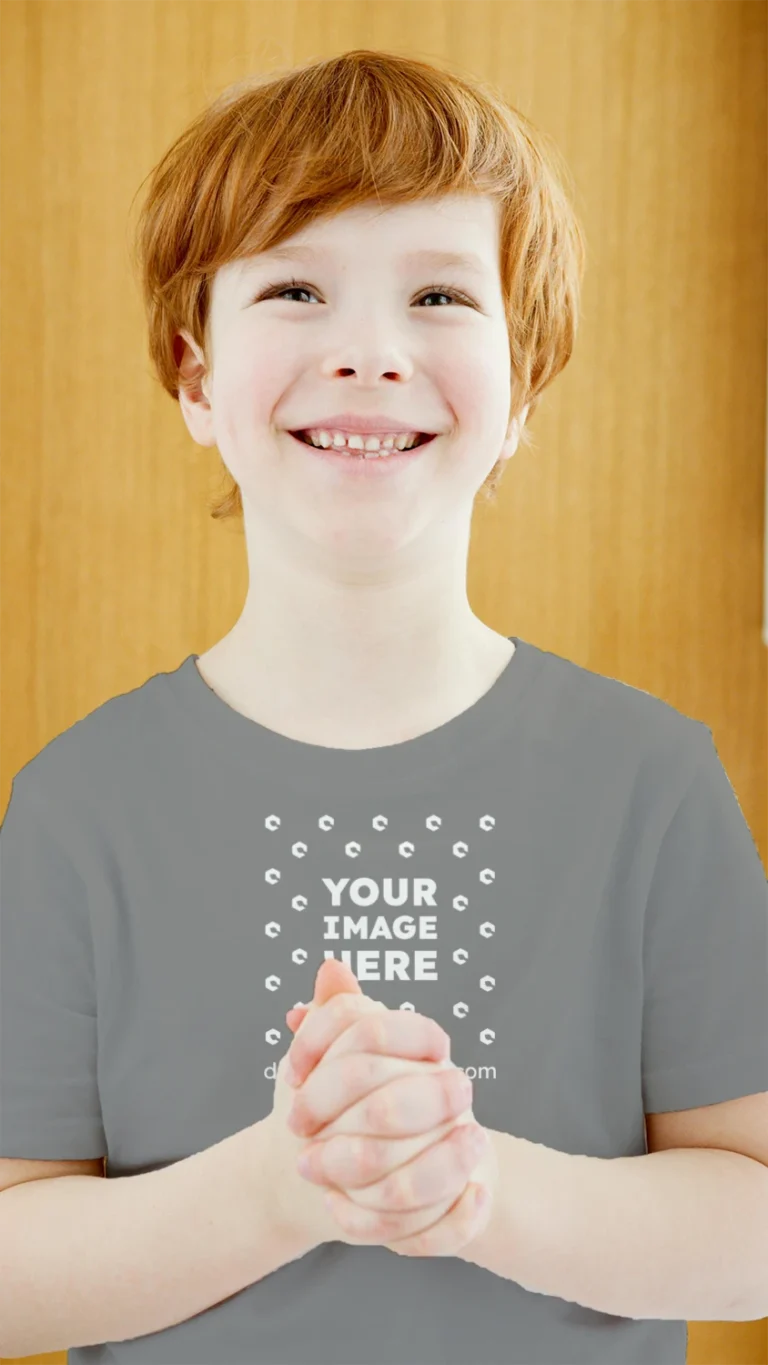 Boy Wearing Gray T-shirt Mockup Front View Template