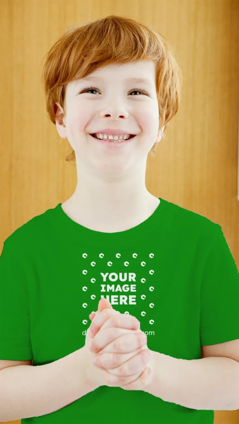 Boy Wearing Green T-shirt Mockup Front View Template