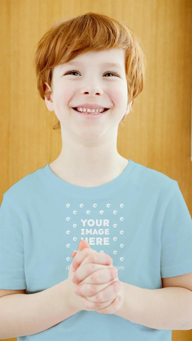 Boy Wearing Light Blue T-shirt Mockup Front View Template