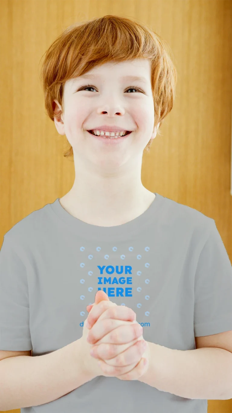 Boy Wearing Light Gray T-shirt Mockup Front View Template